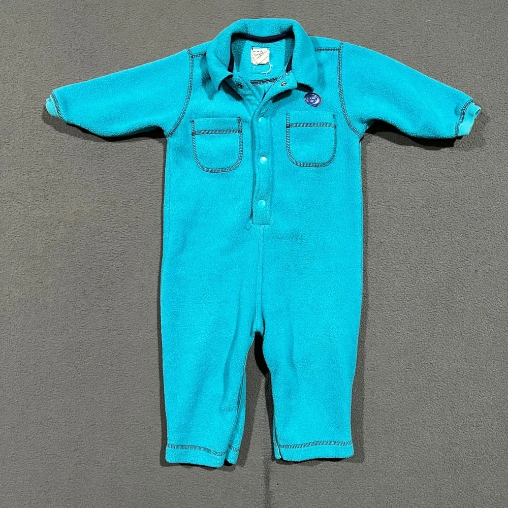 VTG Baby Gap Fleece Bodysuit Jumpsuit Teal Blue Size L 12 18 Months Snap Closure